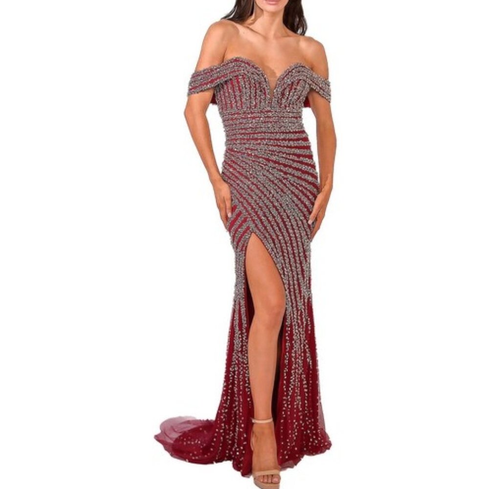 TERANI COUTURE- 232GL1491 Off-shoulder neckline/ plunging V-neckline